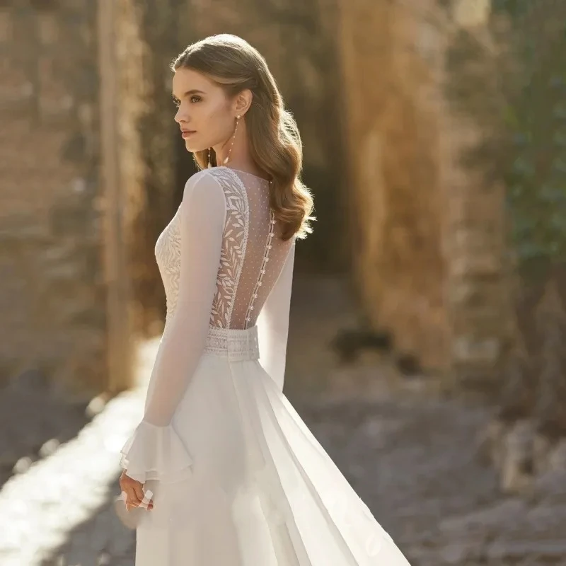 Glamorous Wedding Dresses Simple Satin Bridal Gowns Lace Appliques 2024 V-Neck Long Sleeves Mermaid Vestidos De Novia Customized 4
