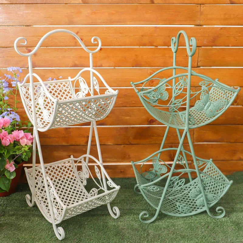 

Wrought Iron Two Level Antique Fruit Stand Baskets Flower Planter Rack with Butterfly Design 70cm Height