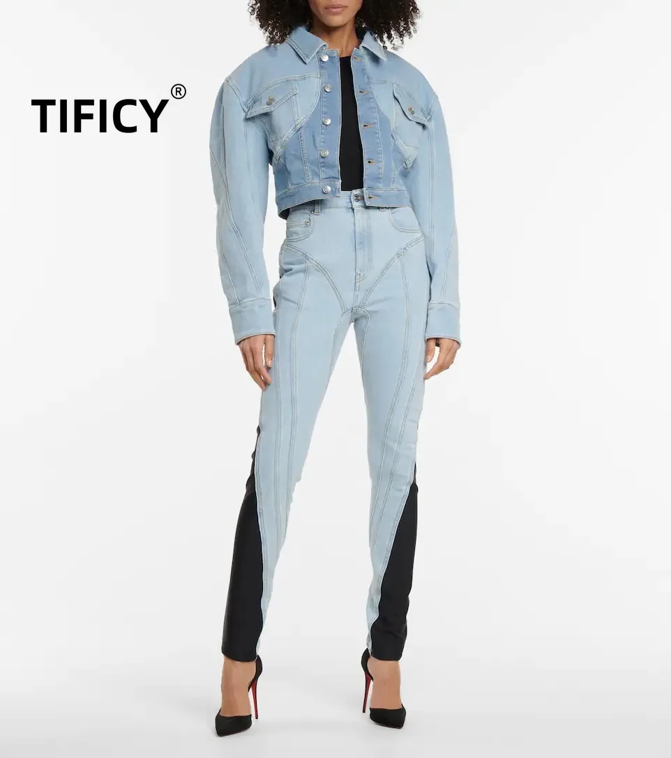 TIFICY Stretchy and Slim Jeans Pants Women's Spring New Autumn Personalized Contrast Color Patches Washed Light Jean Pant