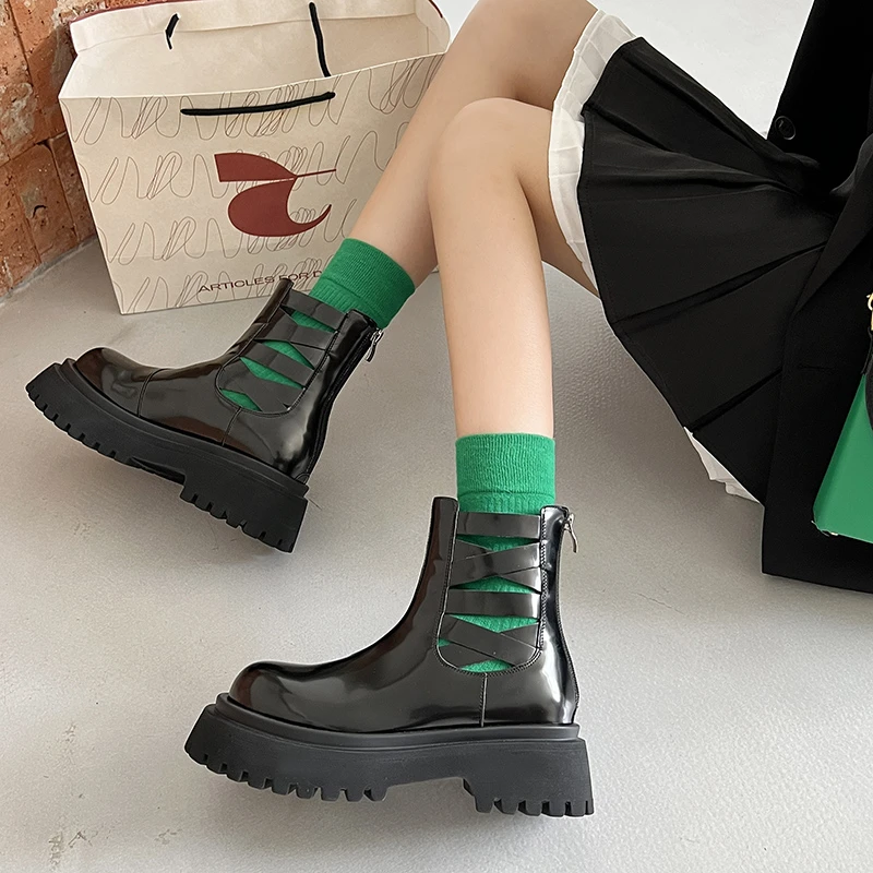 Design Platform Boots Sqaure Toe Chelsea Boots Slip on Leather Ankle Boots Casual Chunky Shoes Platform Boots Shoes for Women