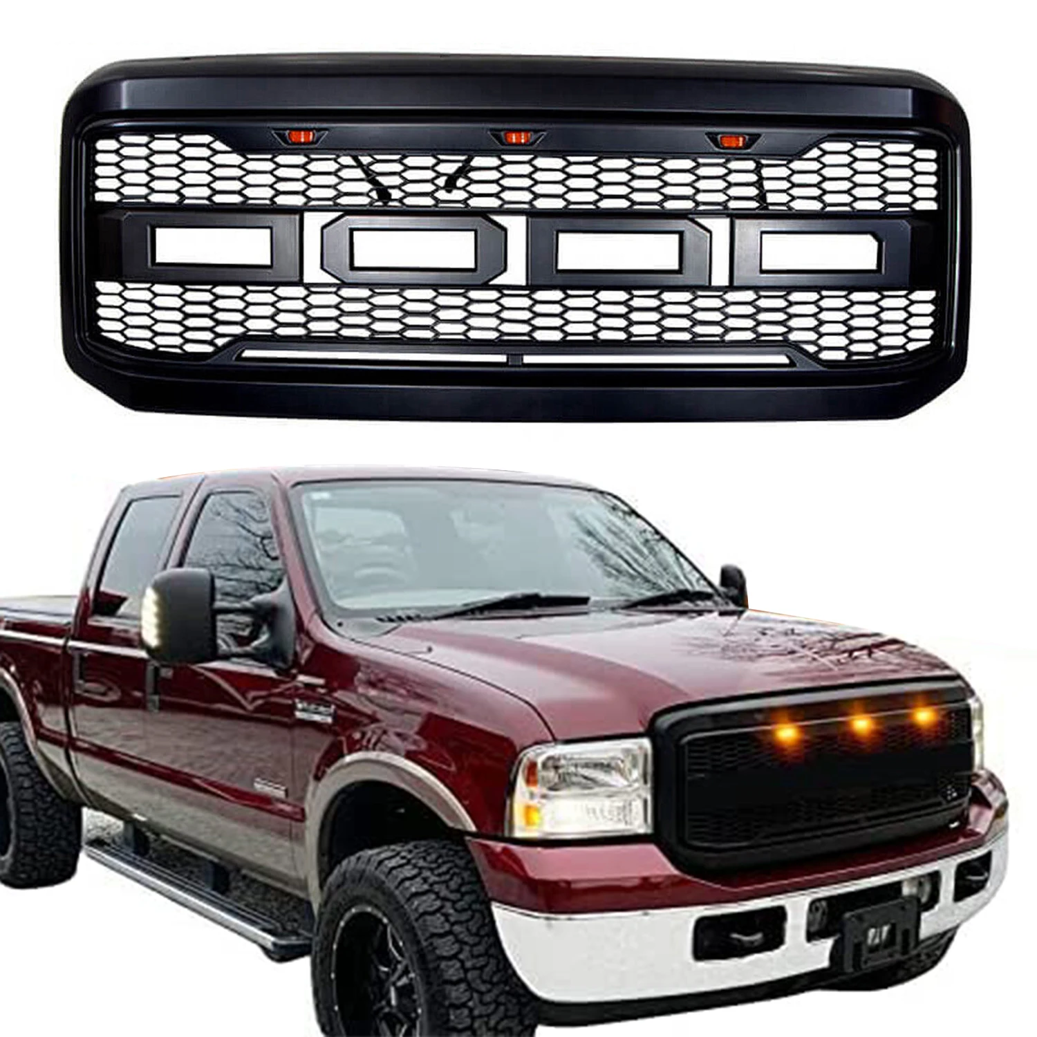 

Front Grille For 2005-2007 Ford F250 Front Bumper Grille Grille Guard Grille Cover Matt Black with 3 LED lights