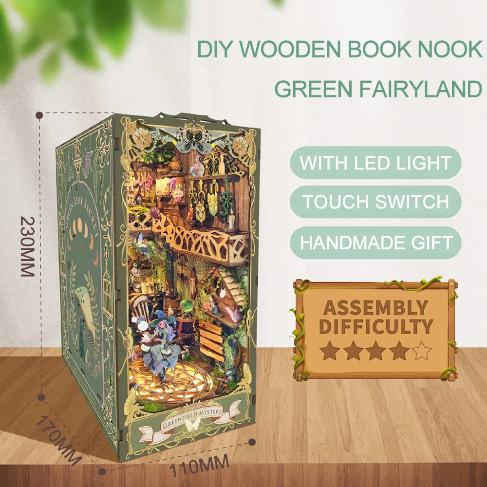 창의적인 DIY 나무 책 구석 선반 삽입 미니어처 키트, 녹색 요정 나라 책장 홈 북엔드 장식, 성인 수제 선물, 신제품