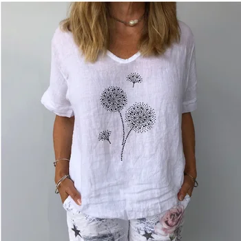 Women Solid Colour Cotton Linen Blouse Top Summer Casual Harajuku Fashion T-shirt Print Loose Blouse Women Tops Streetwear 1