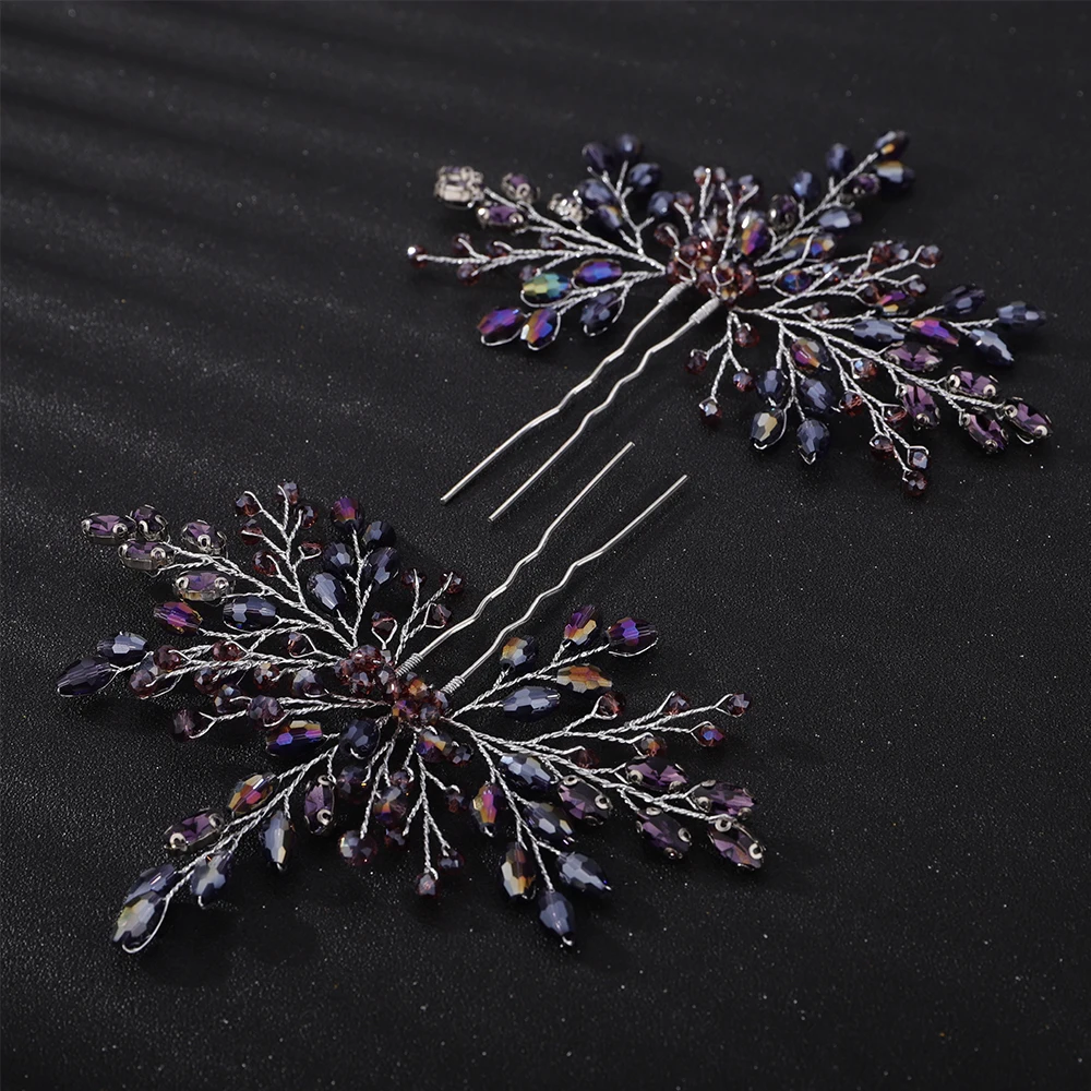 Trendy Rhinestone Crystal Bridal Hair Pins Handmade Purple Women Wedding Hairpins Accessories Silver Brides Jewelry Headpiece