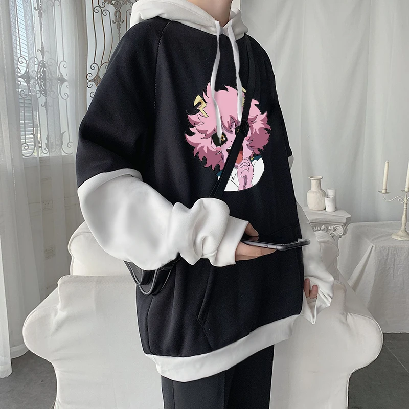 Japanese Anime My Hero Academia Harajuku Mina Ashido Hoodies Pink Graphics  Streetwear Autumn And Winter Patchwork Sweatshirts