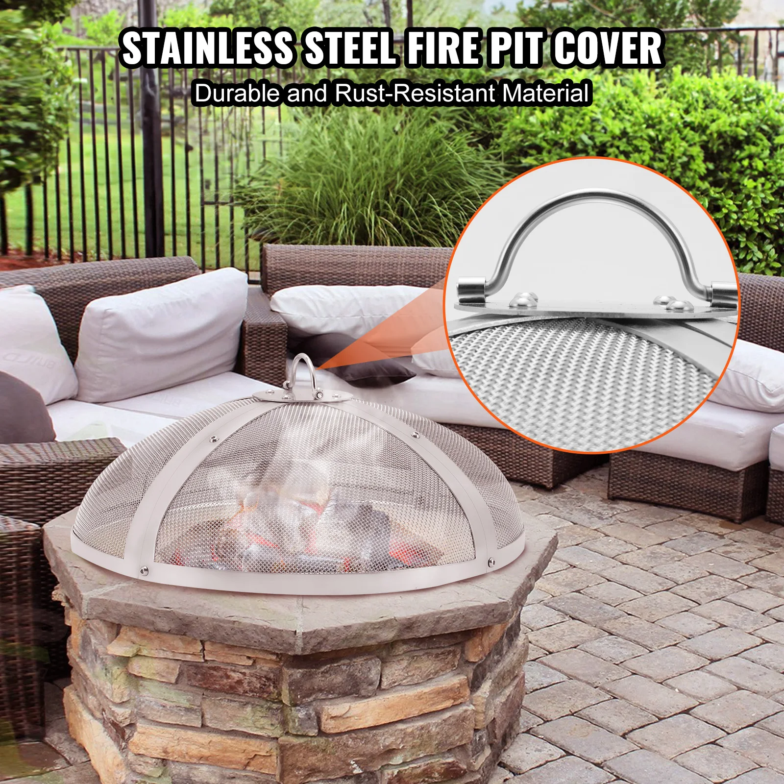 VEVOR Fire Pit Spark Screen Round Reinforced Heavy Duty Steel Metal Cover Outdoor Firepit Lid Easy-Opening Top Screen Covers