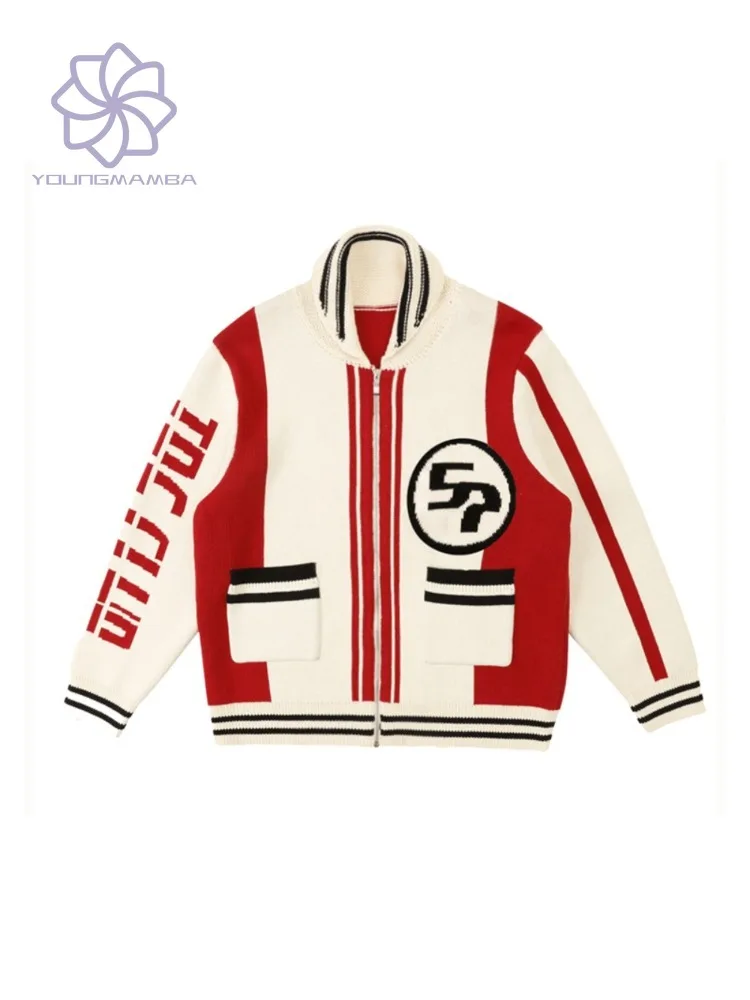 

2023 Design Sense American Personalized Racing Contrast Sweater Autumn and Winter New Versatile Spicy Girl Coat