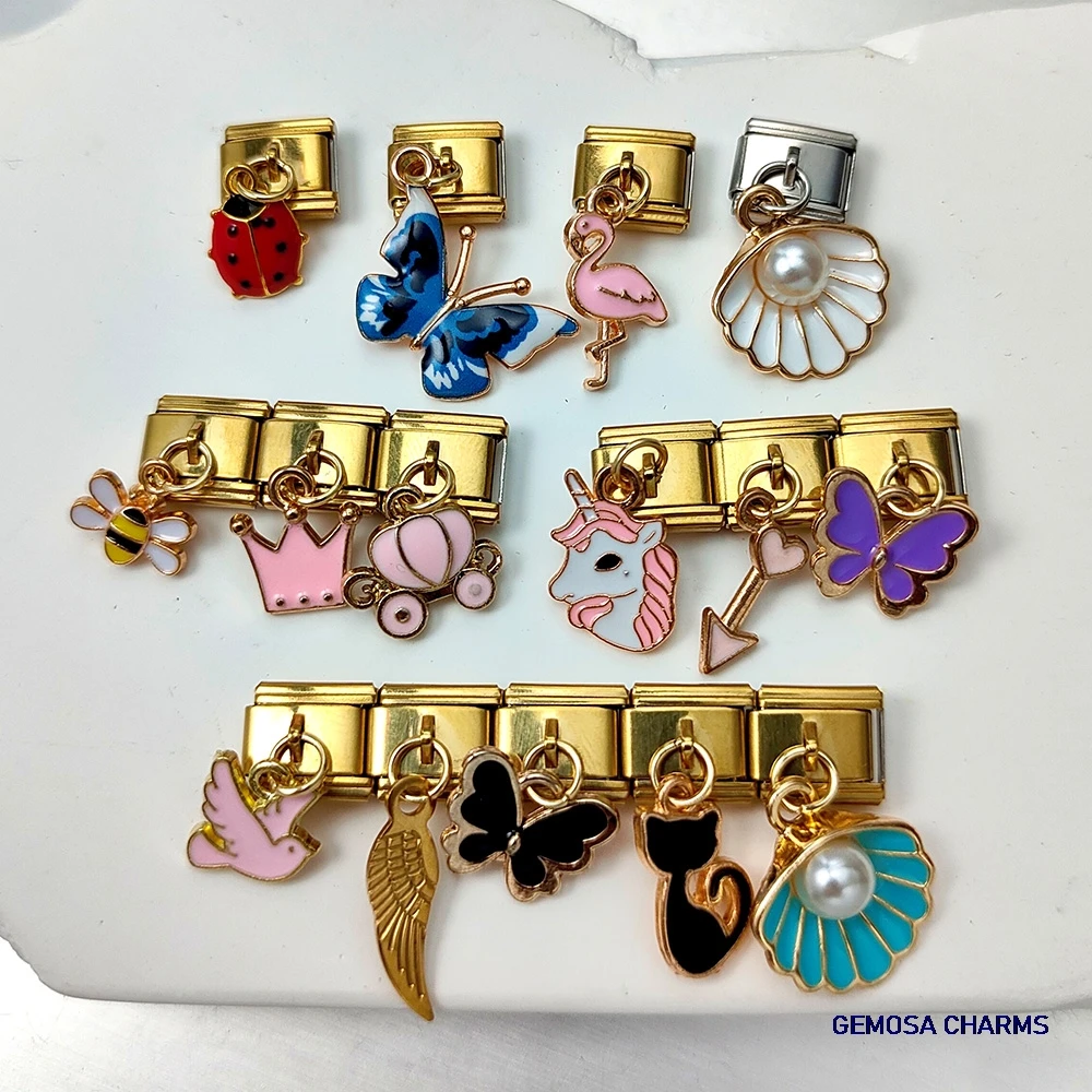 GEMOSA 9 mm bunter Schmetterling Marienkäfer Krone geflügeltes Kätzchen Charm Anhänger Schmuck Link italienischer Edelstahl DIY Armbandherstellung – Detail 2