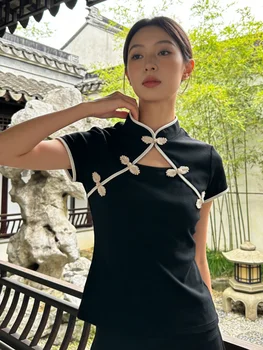 Women Black Cheongsam Inspired Top 2026 Slim Fit Mandarin Collar Frog Button Short Sleeve Tee 1