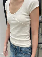 Vintage Slim T-Shirt Summer V Neck Streetwear Cotton Top 2024 Femme Sweet Cute Y2k Simple Tee Tops Woman Clothes - Image 4