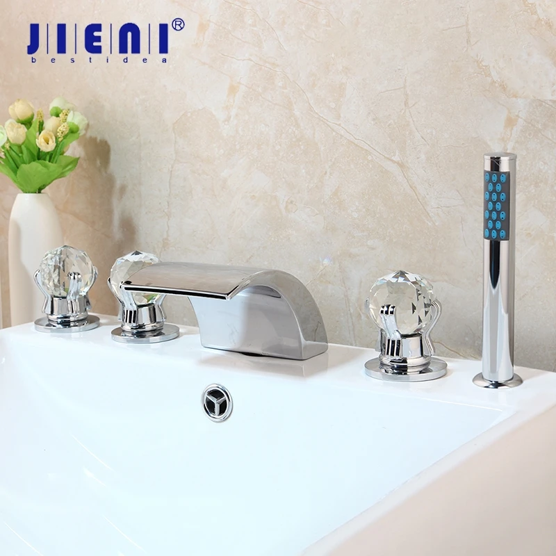 Jieni-Juego De 5 Uds. Latón Cromado, Caño En Cascada, Manijas Diamante Montadas Cubierta, Rociador Mano, Grifo Ducha Para Bañera Y Baño