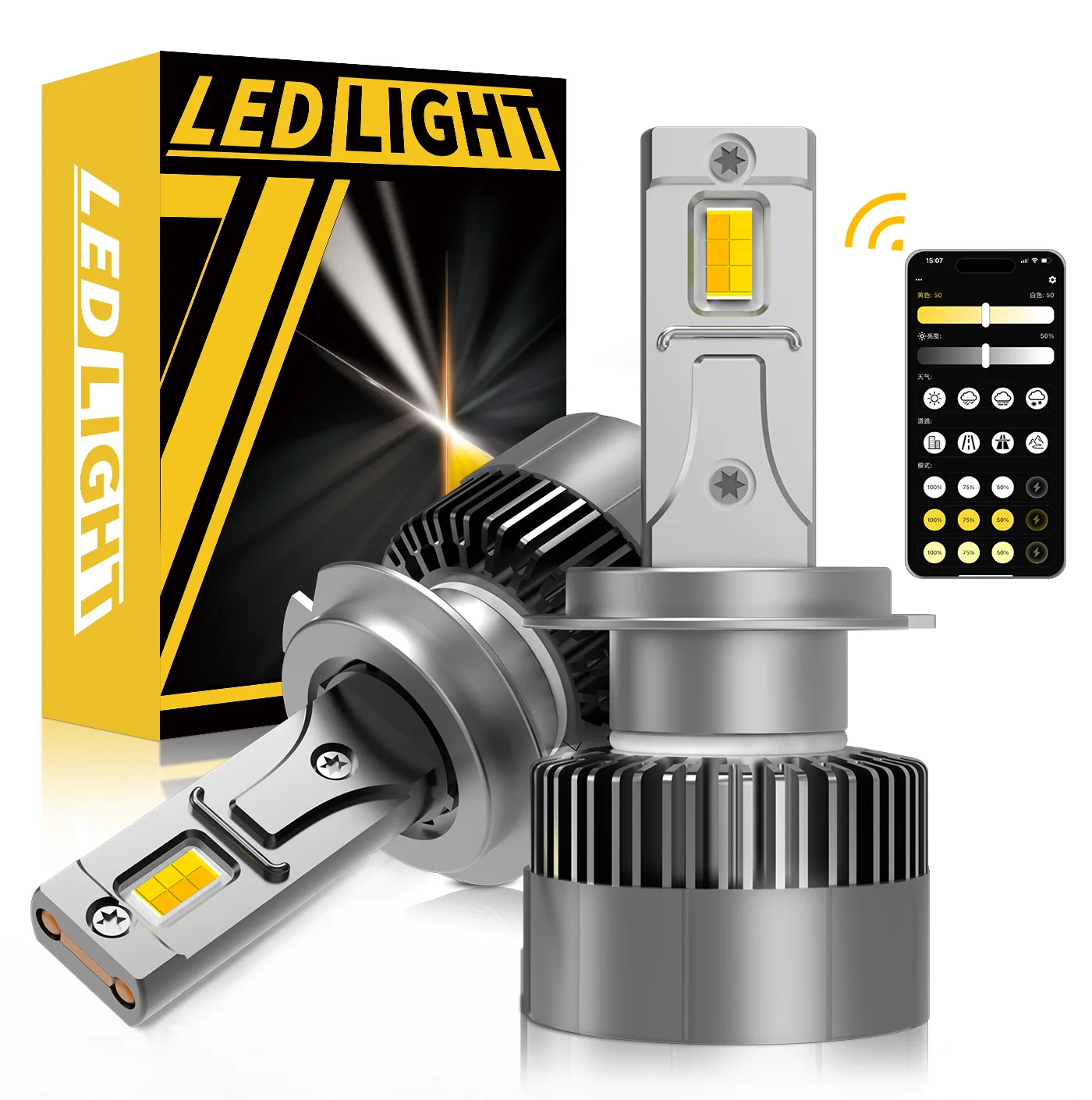 2개입 CANBUS 앱 제어 H7 LED 자동차 헤드라이트 전구 미니 터보 자동차 라이트 3000K 4300K 6000K 3색 안개등 팬 포함