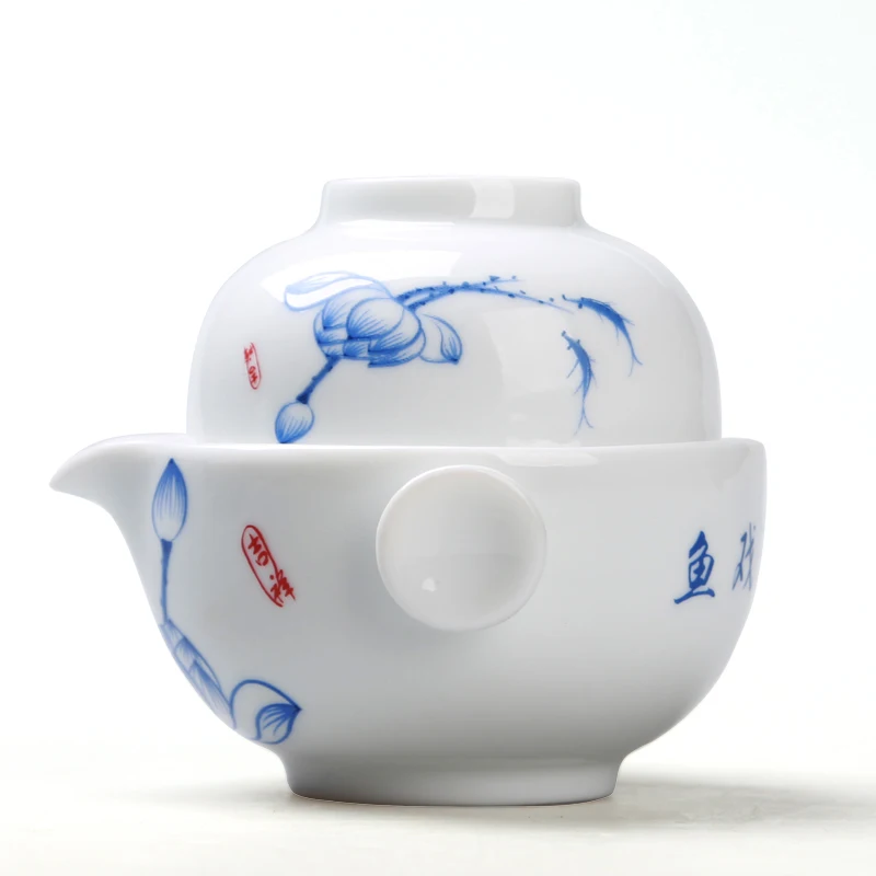[GRANDNESS] Quik Cup of Blue and White Porcelain Pot,Tea Set Include 1 Pot 1 Cup, High Quality Elegant Gaiwan