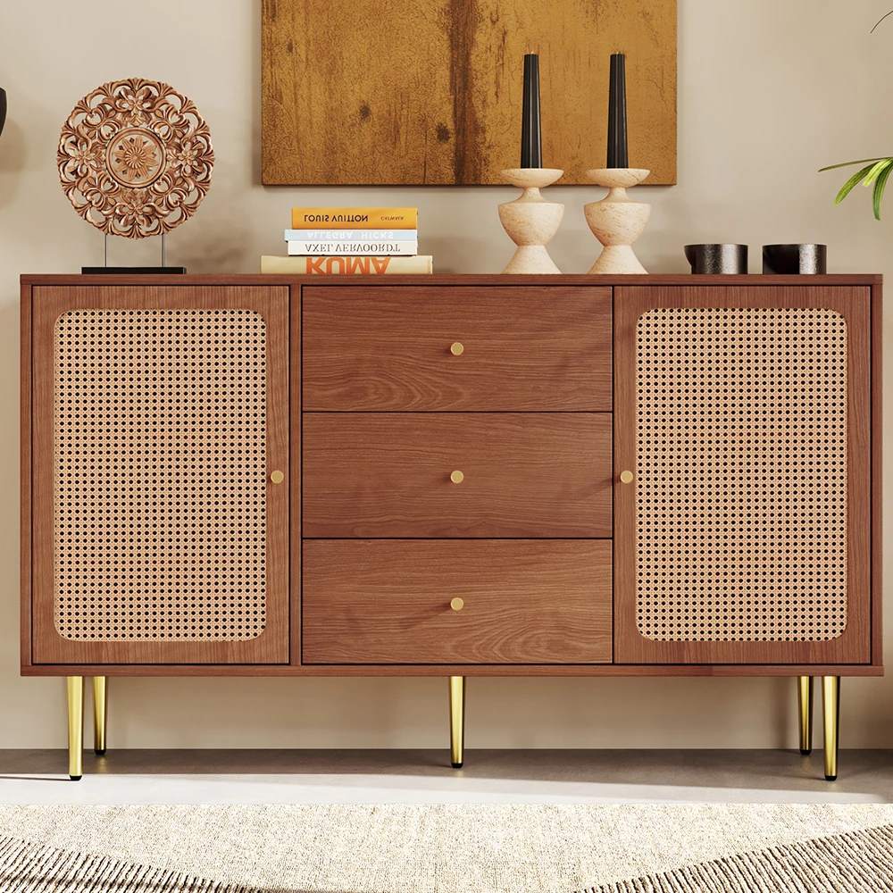KOMHTOM Kommode mit 2 Türen und 3 Schubladen, Rattan-Türkommode mit Schubkasten, Nussbaum – Detail 1