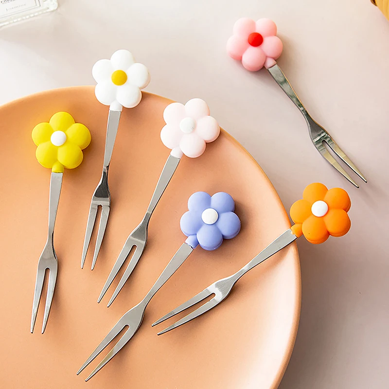 Flower Shape Stainless Steel Fruit Fork Cake Dessert Lovely Mini Salad Forks Cartoon Cute Children's Food Flatware Kitchen Tool