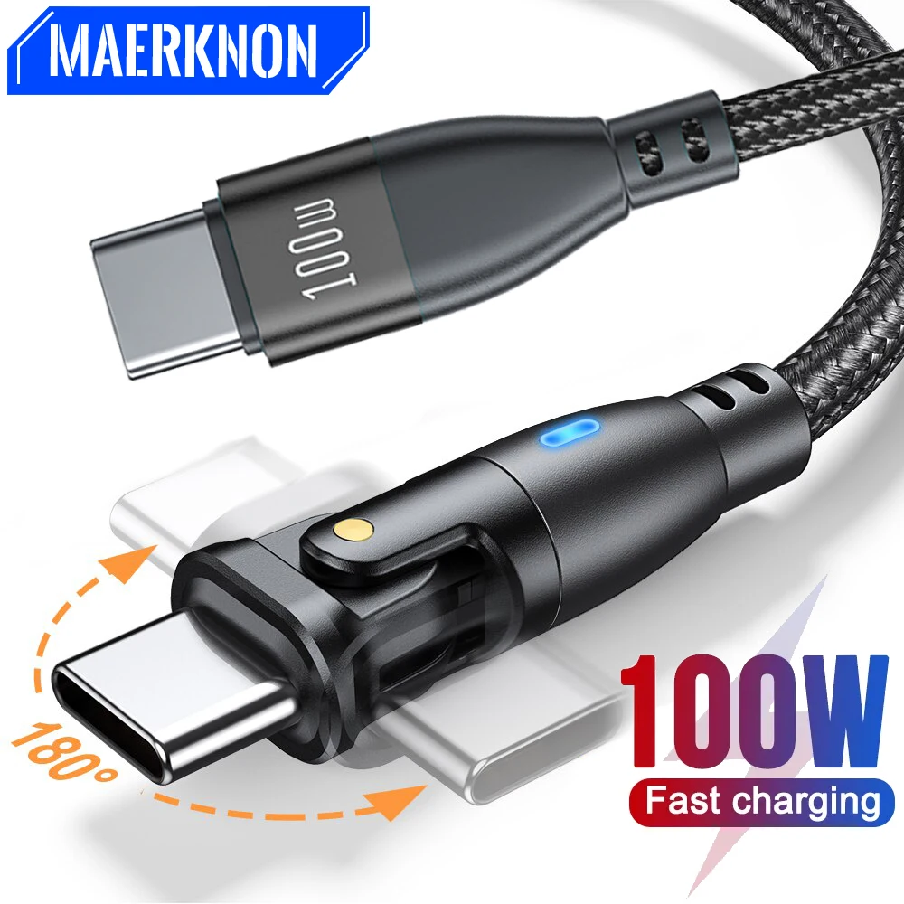 180 회전 고속 충전 나일론 편조 와이어 케이블, PD 100W USB C에서 C타입 케이블, 아이폰 15 프로 맥스 XR 삼성 S22 샤오미 포코용