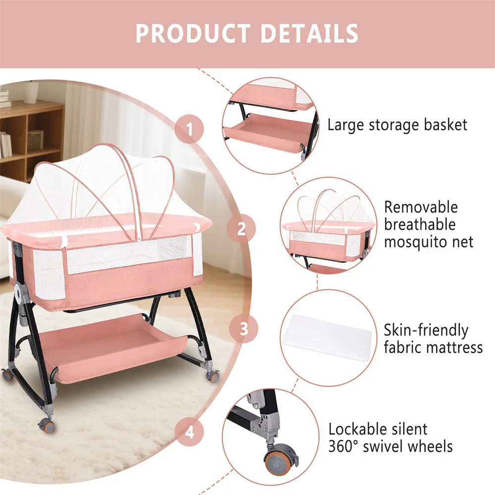 Baby Bassinet, HDJ Baby Bedside Sleeper Bassinet with 360° Wheel, Portable Infant Bed Side Crib for 0-6 Months, Pink S8a5f123b5bc547578ac494acf532c071X