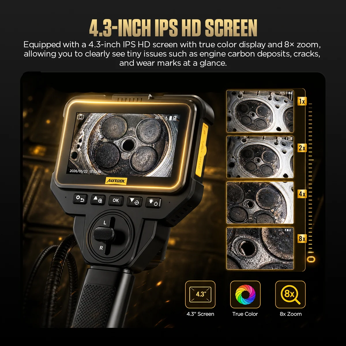AUTOOL V80 양방향 220 ° 조명이 있는 관절형 내시경, 자동차용 1080P 산업용 내시경 검사 카메라, 4.3인치 IPS