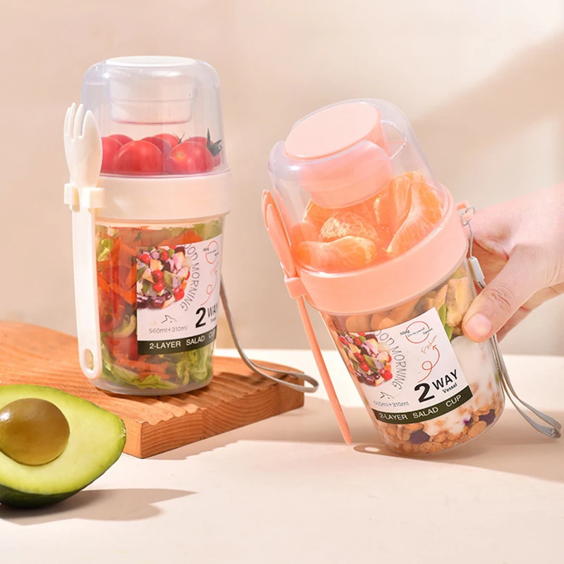 Portable Double-Layer Salad Cup Oatmeal Cereal Nut Yogurt Salad Cup Container Set Fork School Lunch Box Food Storage Box