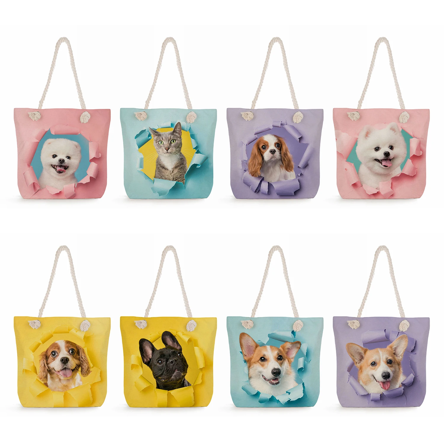 

Женские пляжные дорожные сумки, сумки-шопперы для покупок, женская сумка через плечо с трехмерным милым принтом кота, собаки