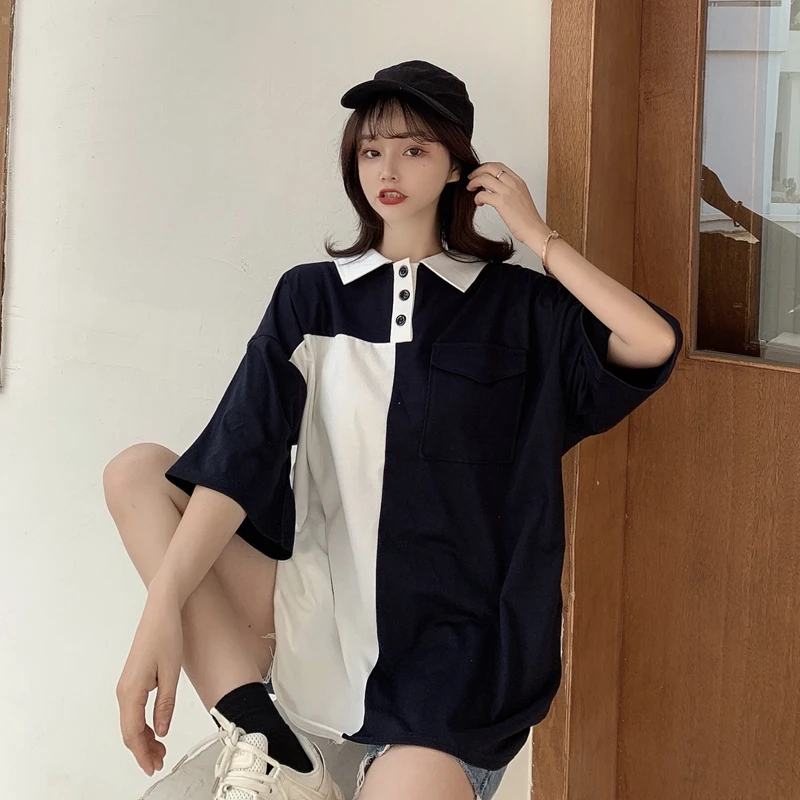 

Female Korean Harajuku Vintage Lapel Ins Loose Tshirt Women's T-shirts Tops Japanese Kawaii Ladies Ulzzang Clothes For Women