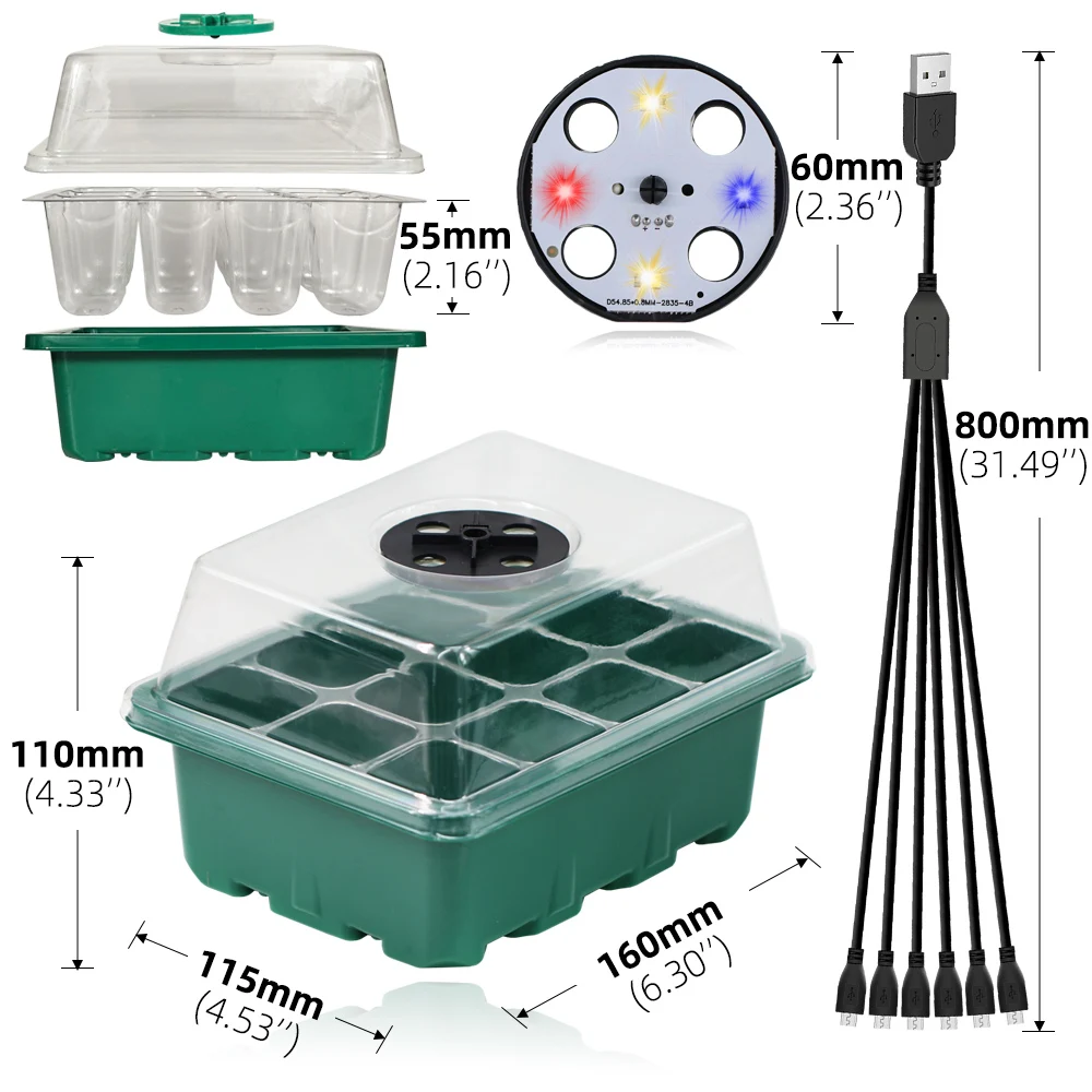 Garden Plants Germination Growing Box with Grow Lamp Farm Seeding Starter Trays Kit Red Blue Yellow Warm Light 12 Cells Per Pot