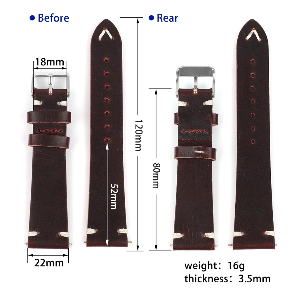 Vintage Cowhide Watch Straps Bracelet 22mm Handmade Oil Wax Genuine Leather Watchbands Quick Release Watch Strap Belt