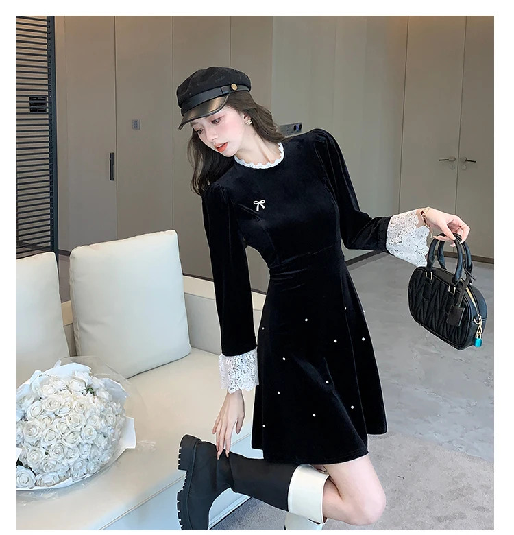 Woman Spring Summer New Elegant Velvet Mini A-line Dresses Long Sleeve Party Fashion One Piece Robe