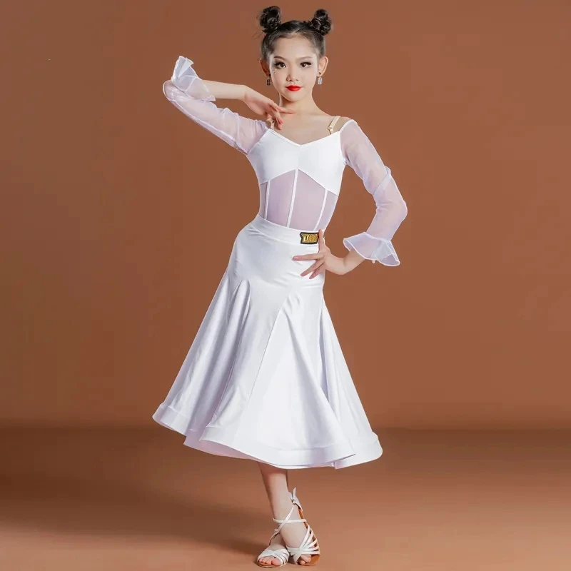 

White Modern Ballroom Dance Costume Children Prom Social Dancing Dress Tango Waltz Performance Outfit Bodysuit Skirt VDB7083