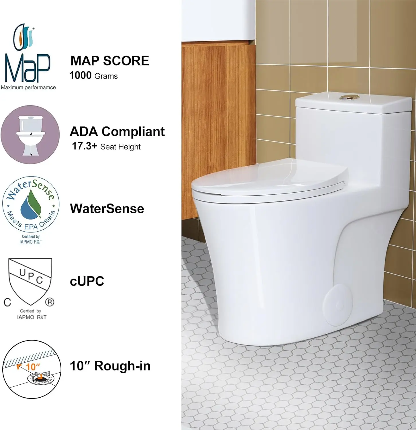 One Piece Toilet 10" Rough-in Elongated Toilet with Comfortable Seat Height ADA Chair Height 17.3" Space Saver Design 4