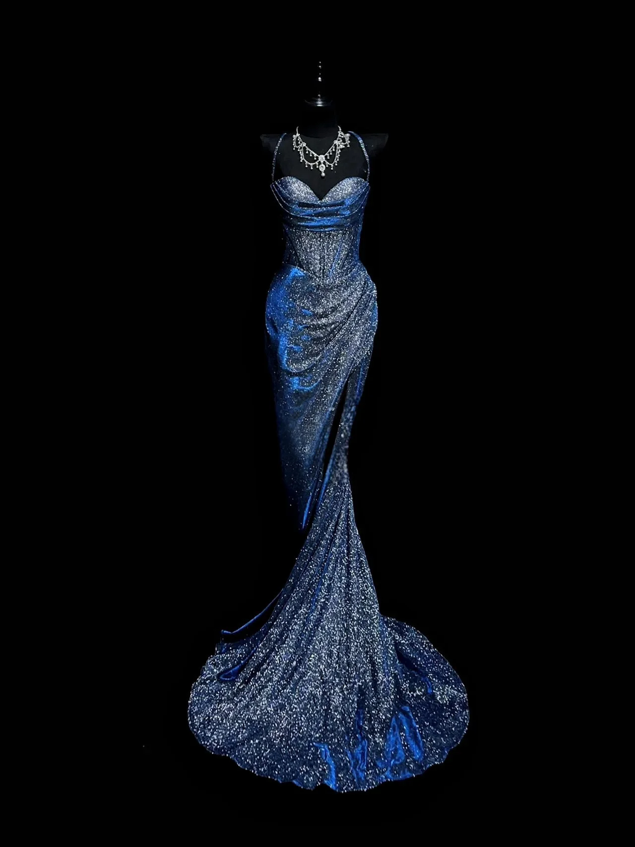 Woman Blue Cocktail Dress Sexy Shiny Sequins Spaghetti Strap Split High Waist Lady Prom Evening Gown