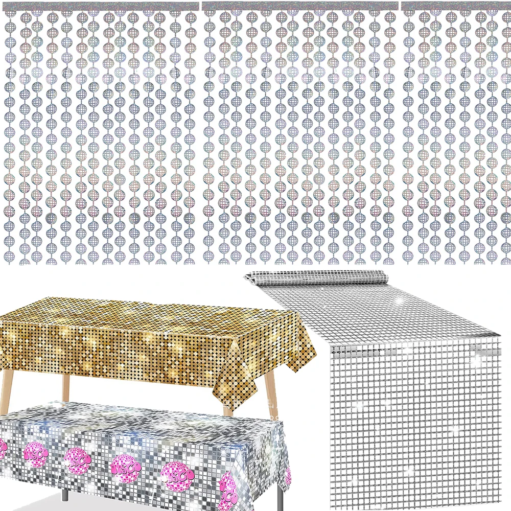 Disco Party Last Disco Posate Argento Oro Runner Da Tavola Silvery Ball Foil Curtain 80S Anni '90 Compleanno Decorazioni Per Matrimoni Forniture