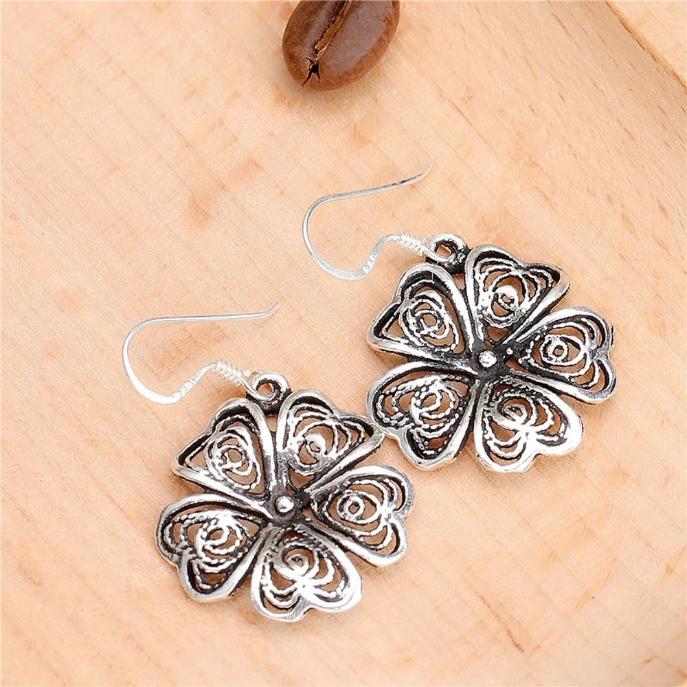 

Real Pure S925 Sterling Silver Women Lucky Hollow Filaments Flower Dangle Earrings
