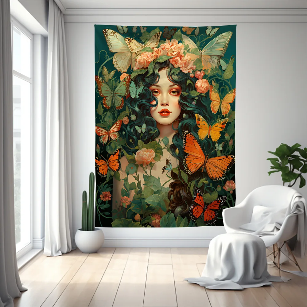 

European and American Butterfly Tapestry Tropical Rainforest Character Series Room Decor Home Wall Hanging Tapestries Picnic Mat