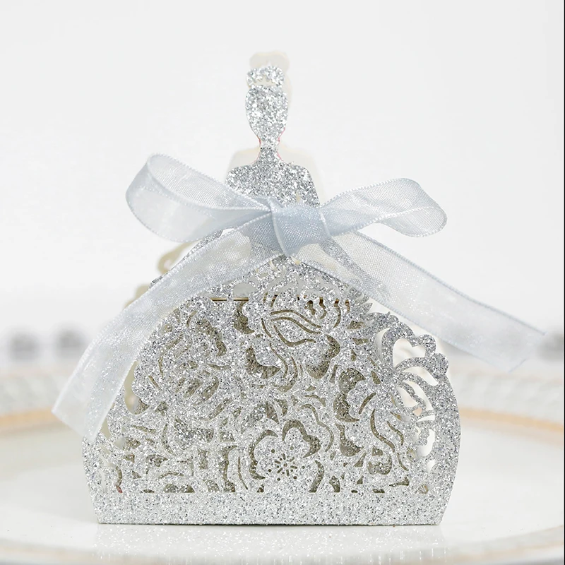 Bride Flower Dresses Candy Box Laser Cut Box Gifts Bags Favor Boxes Wedding Birthday Parties Glitter Packing Supplies 10Pcs/set wooden gift card boxes acrylic card box