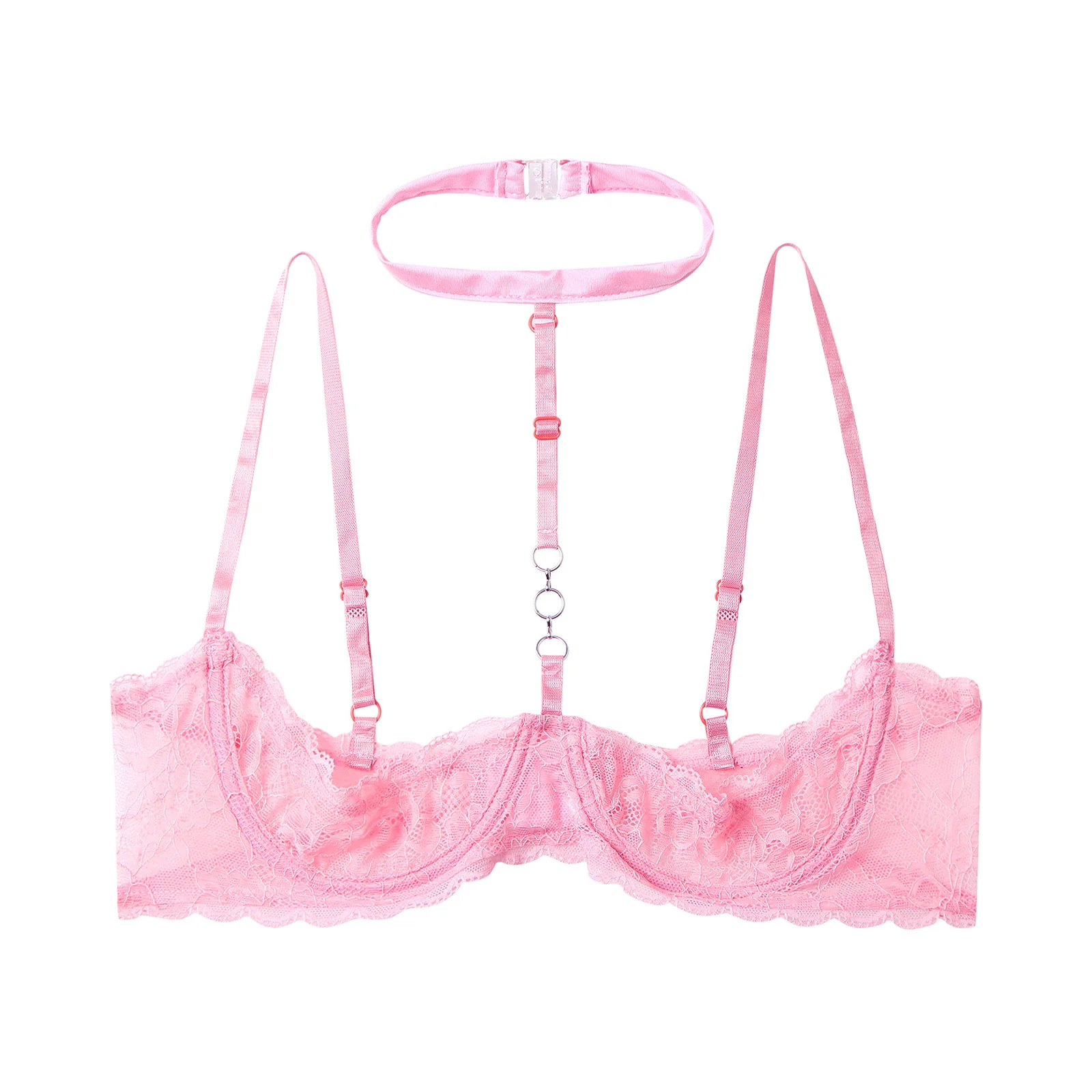 Womens Sexy Open Cups Bra Exposed Nipples Lingerie Top Sheer Lace Halter Underwire Brassiere Chest Brace Underwear Nightwear