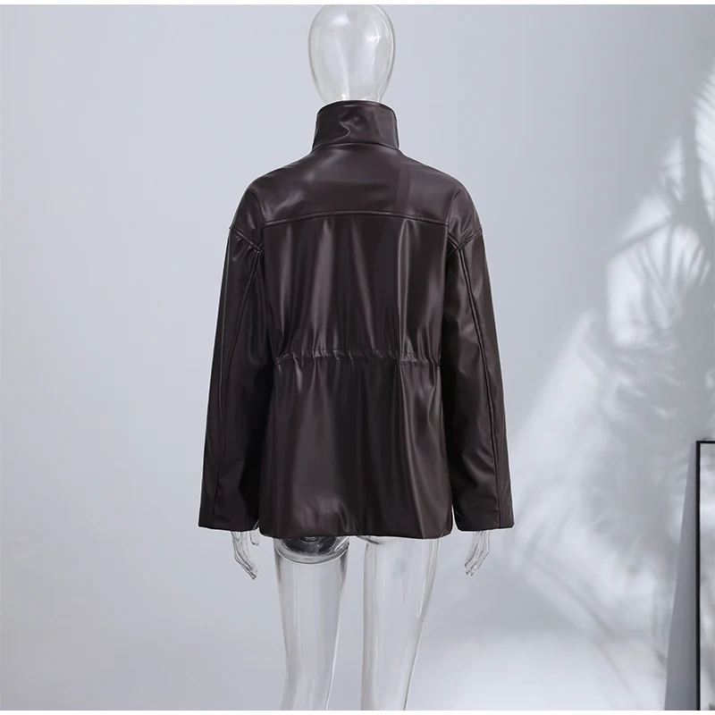 Women Waist Cinching Leather Jacket Solid Stand Neck Zipper Pocket Loose Jackets Lady New Vintage Fashion Street Outwear 2026