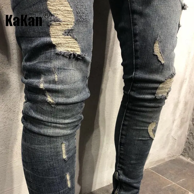 Kakan - European and American Distressed Jeans for Men's Wear, with Zippered Fit At The Hem and Small Leg Jeans K40-103