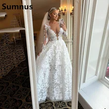 

Sumnus 2022 Lace A Line Wedding Dresses Sexy Deep V neck Long Sleeves Bridal Dress African Women Gowns Vestido De Novia