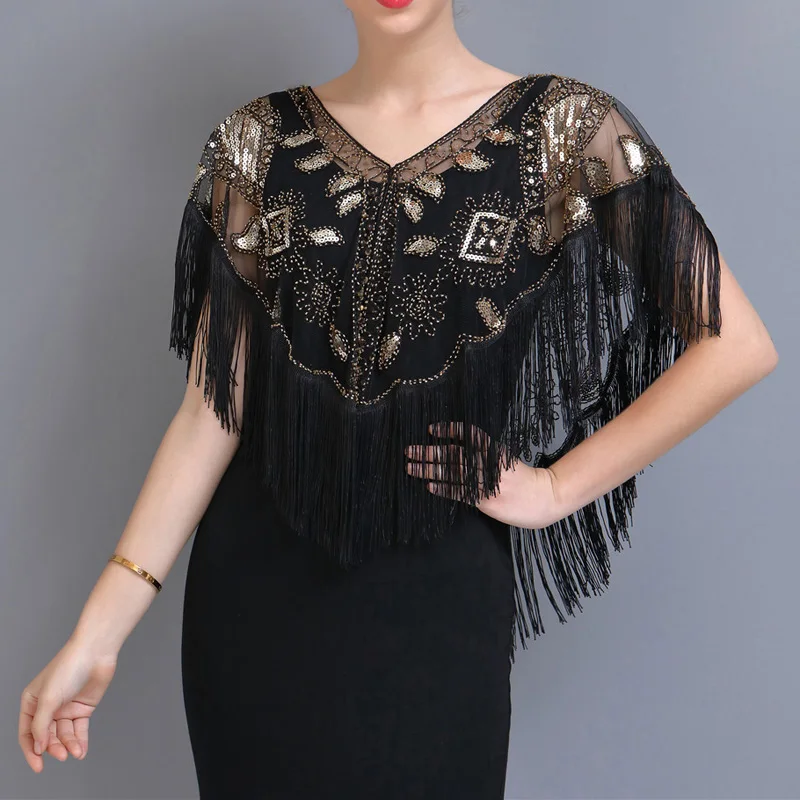 Tassel Patchwork V-Neck Cardigans Women Vintage Shawl Party Dinner Top Scarf Shawls Mesh Beaded Cloak Sequins Capelet Fringes