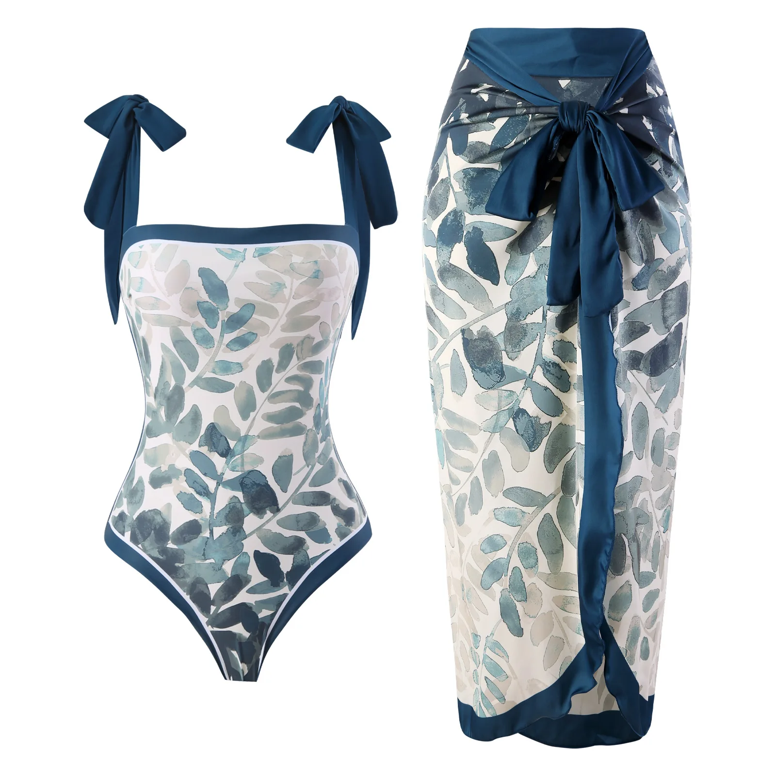 Women's swimsuit 2024 new skin color leaf print one-piece bathing suit beach hot spring gauze skirt two-piece set