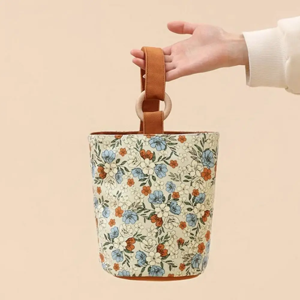 

1PC Korean Style Simple Canvas Handbag for Women Retro Floral Bucket Bag Large Capacity Tote Bag Picnic Lunch Bag