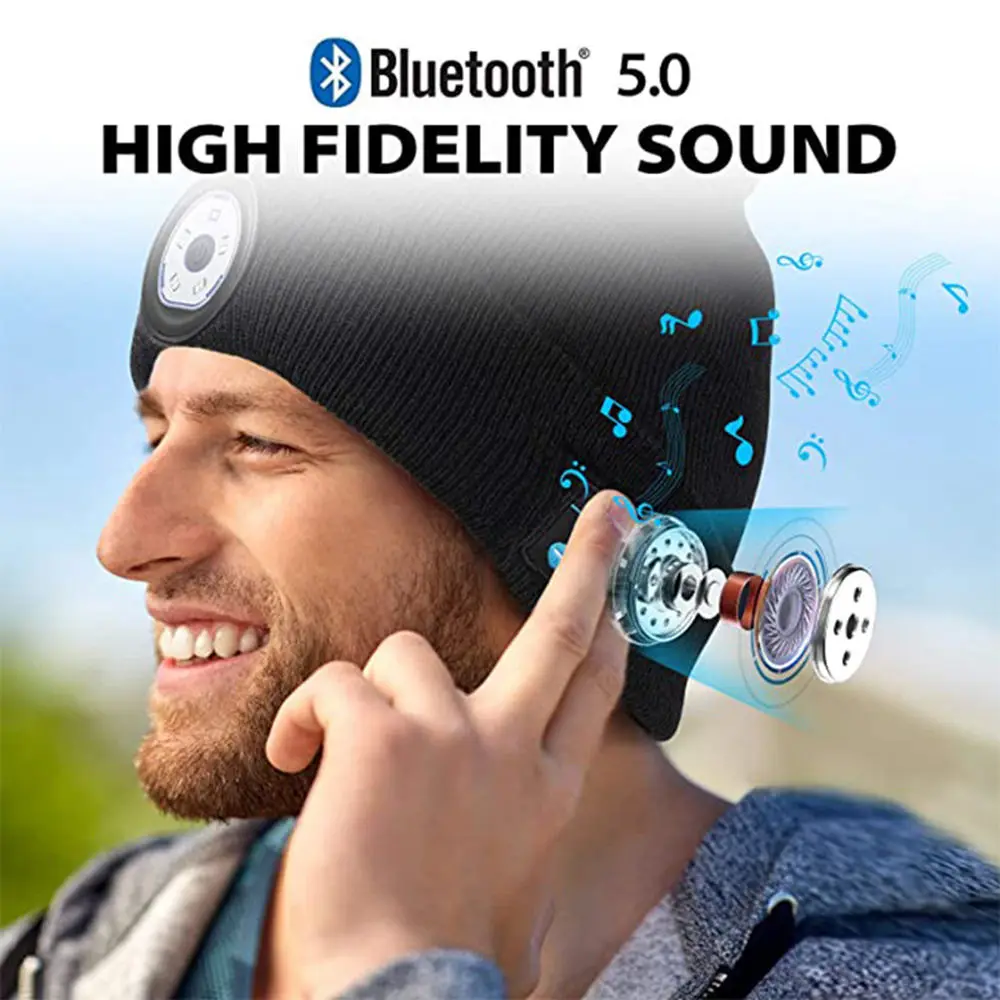 Fashion Warm Beanie Bluetooth 5.0 Led Hat Wireless Stereo Headset Lettore Musicale Con Supporto Per Microfono Dimming Led Light Ricaricabile