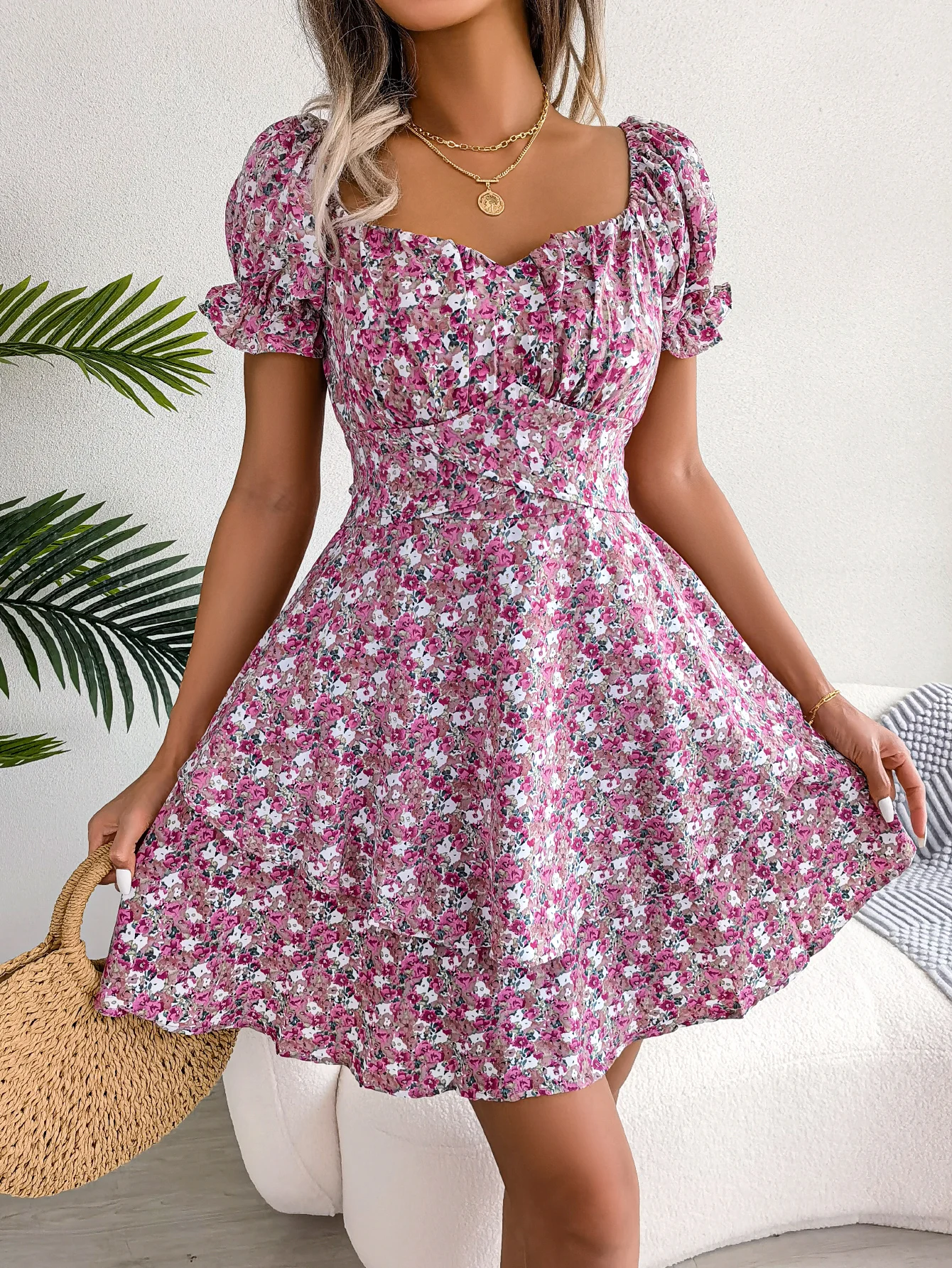 Floral Print Puff Short Sleeve Dress for Women