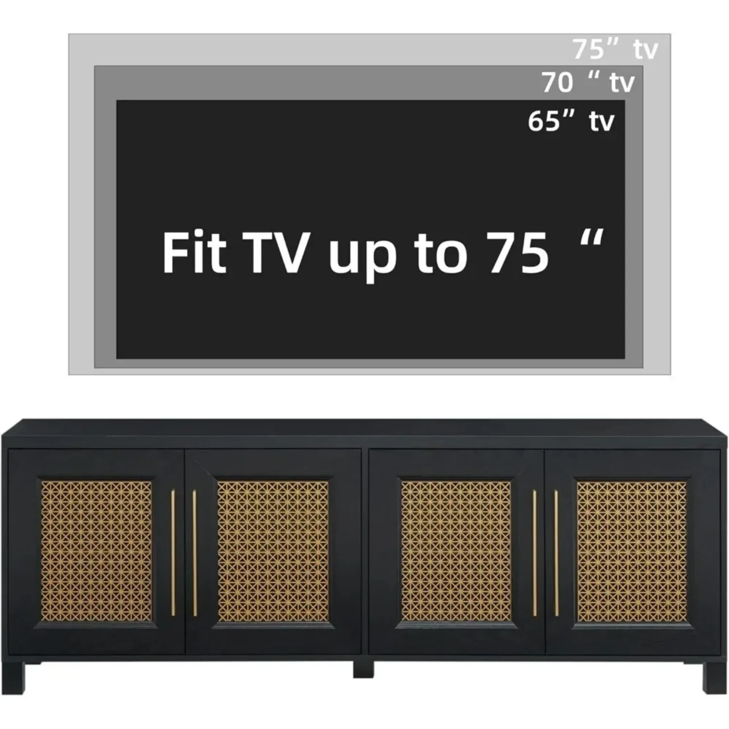 Mid Century Modern TV Stand for TVs up to 75" Gold Hollow Metal Mesh Decorated Boho TV Console with Storage Cabinets
