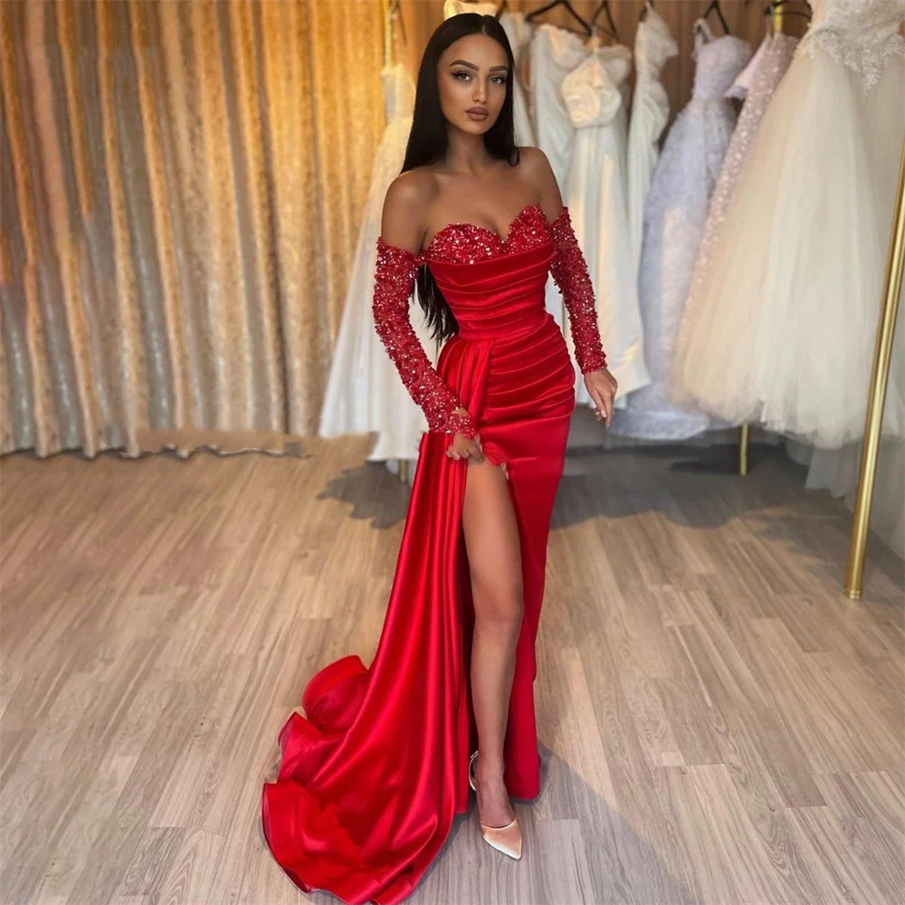 

Luxurious red satin Mermaid Evening gown with Off the Should slit crystal sequin pleated Saudi Arabian party dress فساتين السهرة