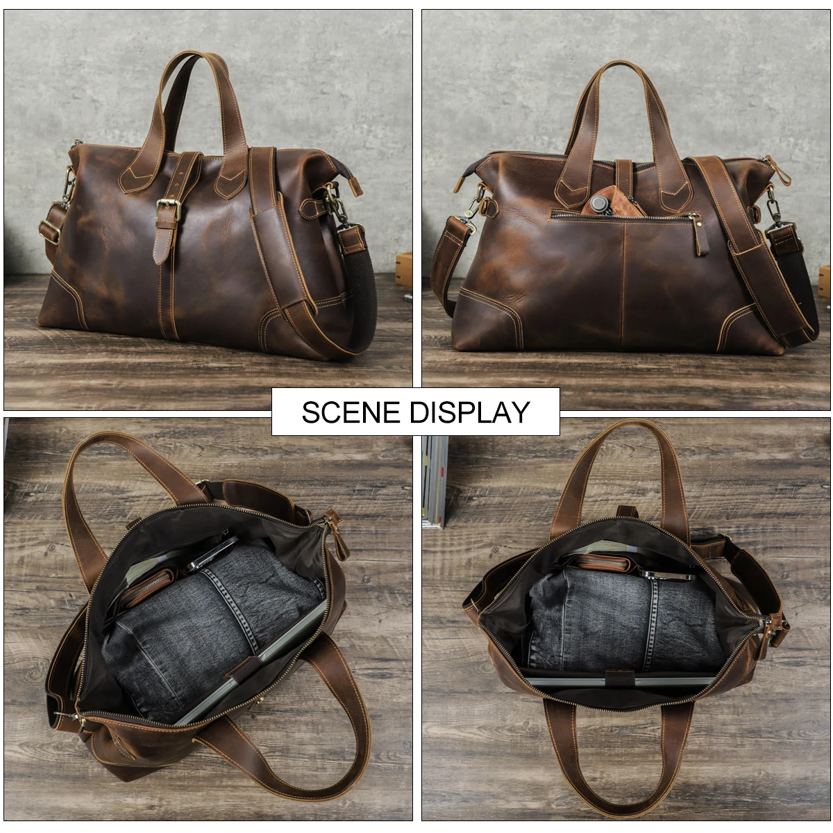 Contact\'s Men Crazy Horse Leather Travel Bag Multifunctional Business Casual Luggage Bag Large Capacity Vintage Tote Handbags