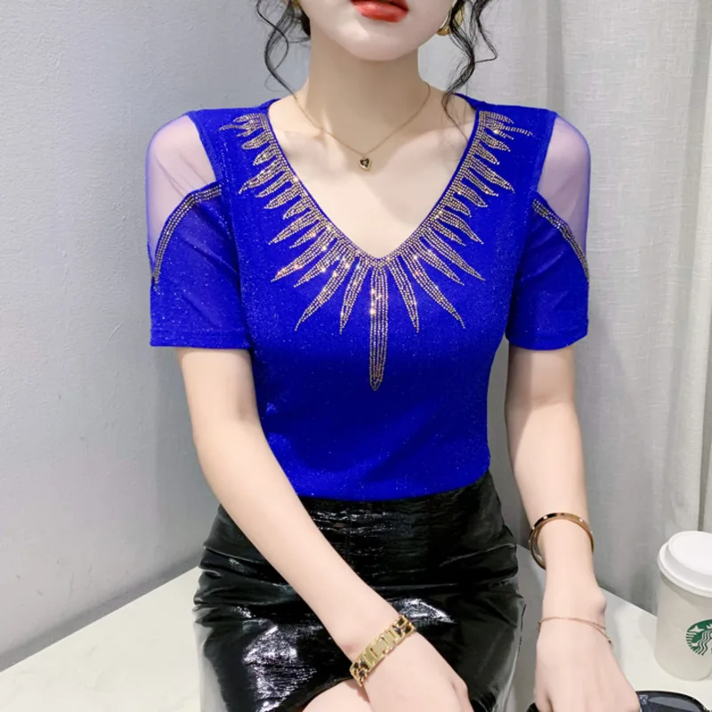 

#6535 Black Blue Mesh T Shirt Women V-neck Diamonds Sexy Skinny Office T-shirt Short Sleeve Spliced Mesh Off Shoulder Summer2023