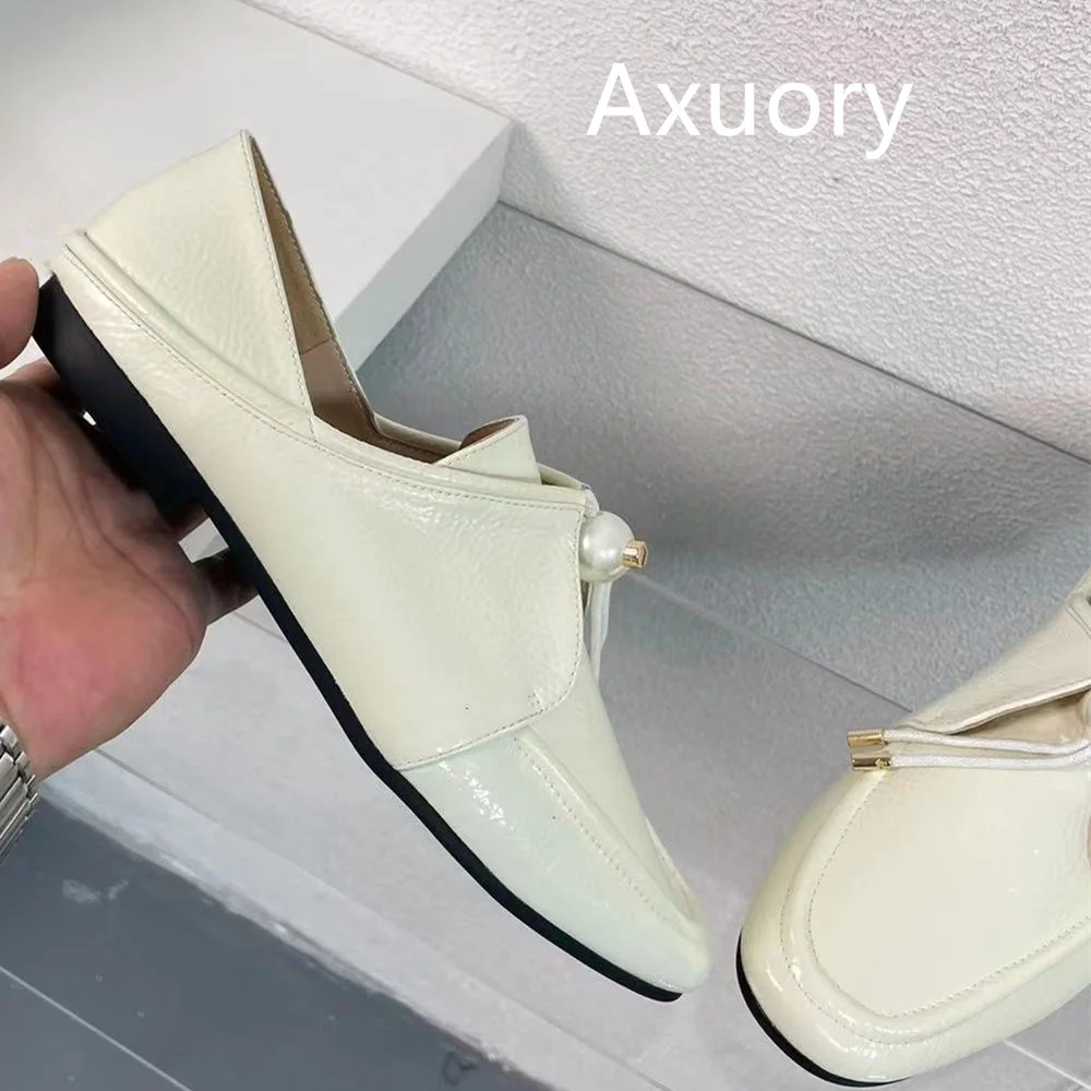 2023 New Women's Casual Leather Shoes Lacquer material Pearl Decoration Daily Shoe Nude shoes High Quality