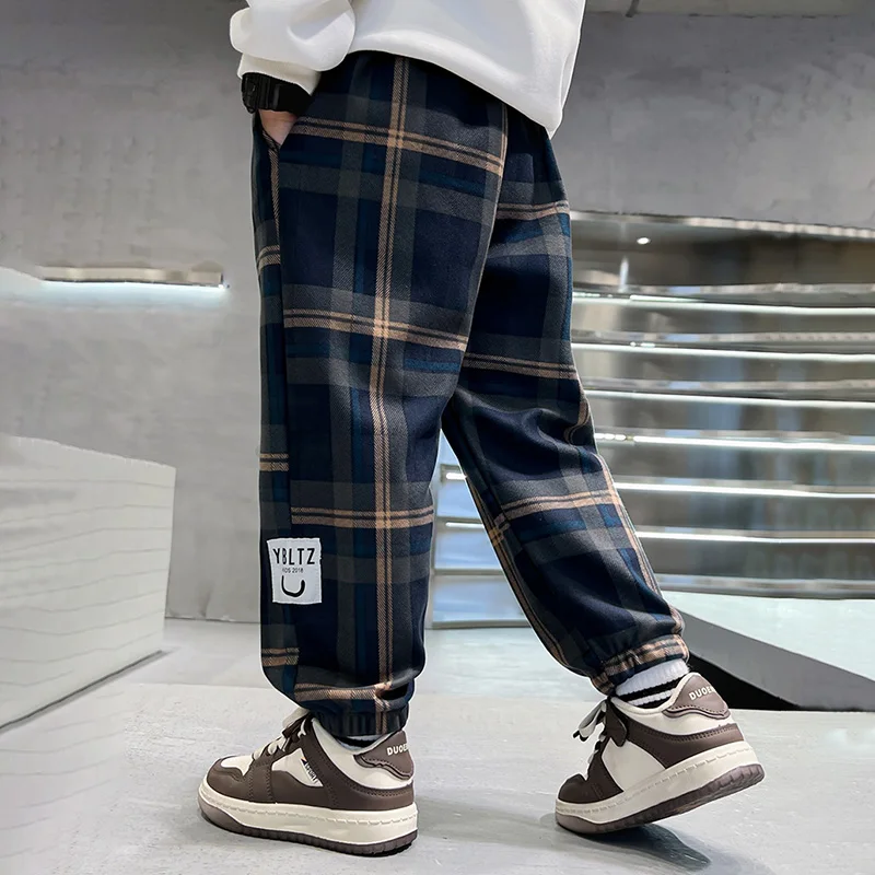 بنطلونات كاجوال للأولاد من 3-12 سنة لفصلي الربيع والخريف، موديل 2026 الجديد، سراويل رياضية فضفاضة من القطن بنقشة مربعات للأطفال، ملابس أطفال